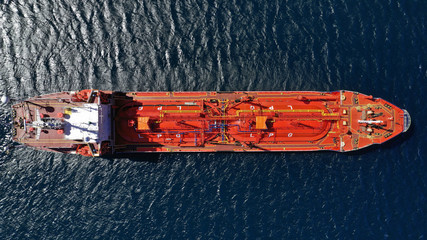 Aerial drone photo of industrial LPG  gas tanker ship docked in Mediterranean deep blue sea