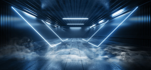 Smoke Laser Neon Studio Led Blue Classic Light pantone Color Futuristic Sci Fi Cyber Glowing Lights Warehouse Garage Underground Parking Room Empty Dark Night 3D Rendering