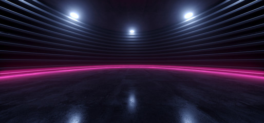 Sci Fi Oval Metal Garage Futuristic Modern Room Stage Podium Glowing Led Neon Laser Light Purple Reflective Concrete Dark Cyber Virtual 3D Rendering