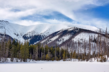 Winter panorama of West Tatra mountain range from frozen and snow-covered Smreczynski Lake (Smreczyński Staw), Poland