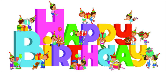 Vector colorful illustration. Happy Birthday. A funny story about how young children prepare for the holiday.