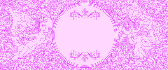 Vector card with floral openwork pattern and fairies. With a center spot for the headline. Freehand drawing. Fuchsia color outline on a pink background.