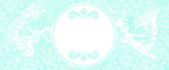 Vector card with floral openwork pattern and fairies. Central to the headline. Freehand drawing. blue outline on a white background.