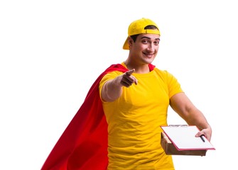 Super hero pizza delivery guy isolated on white