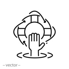 life buoy with hand on beach icon, life safety belt on sea, lifeguard help, survival logo, thin line web symbol on white background - editable stroke vector illustration eps10