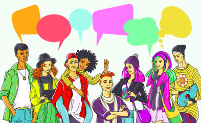 Group of modern young people conducting dialogs with colorful speech bubbles.