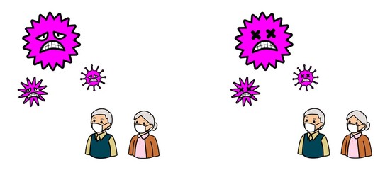 病気の予防のためにマスクをする高齢者とウイルス