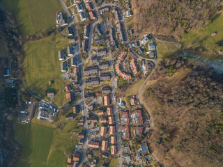 Aerial view of rural town in Switzerland in winter time