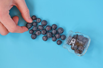 Glass jar shelled with blueberries on a blue background. The male hand takes the berry with his fingers. Top view.