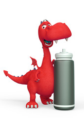 baby dragon cartoon besides a workout bottle in a white background