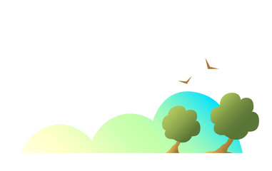 White blank background with nature. Trees, birds and a cloud in the corner. Vector illustration.