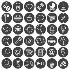 Set of round black icons on the theme of lifestyle. Leisure, sports, food and hobbies. Vector isolated pictures.
