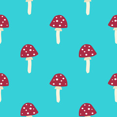 Seamless vector hand drawn pattern with amanita mushroom on the blue background. It can be use for fabric, packaging, labels, wrapping paper or background of something else.