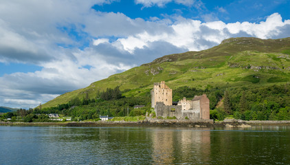 Panoramic view of Eilean Donan Castle. Beautiful scottish nature and ancient stronghold. Hebrides, Scotland.