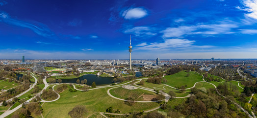 Popular view over the bavarian capital as a drone shot panorama at springtime, feel well and enjoy.