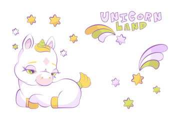 Cute little white unicorn in a star wreath and shooting star