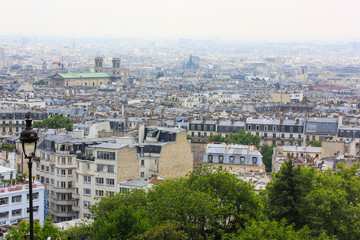 Panorama of houses in Paris in summer, France.