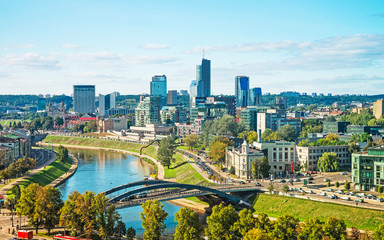 Neris River and Financial district with skyscrapers of Vilnius - obrazy, fototapety, plakaty