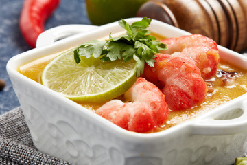 Fish cream soup with shrimps.