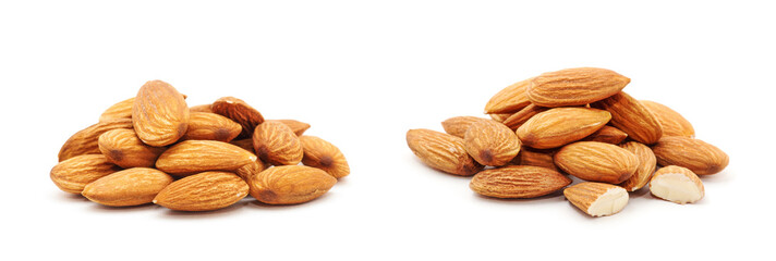 Heap of almond nuts isolated on white background