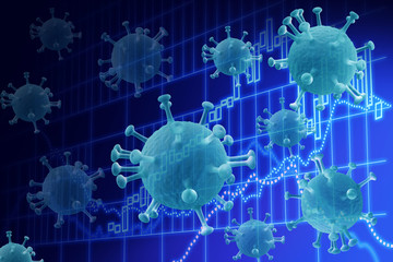 Corona virus on Market analysis background. 3d illustration. Epidemic virus. Market trade. Coronavirus pandemic.