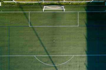 Aerial view of the area and the goal box of a soccer field
