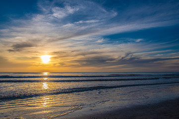 Golden Sunset Seascape Beach Waves Cloudy Sky