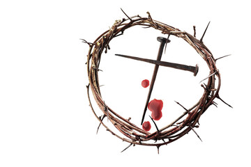 Crown of thorns with nails on white background. Easter background. Jesus Christ.