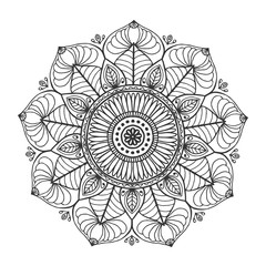 Monochrome hand drawn floral mandala. Anti-stress coloring page for adults. Hand drawn vector illustration.