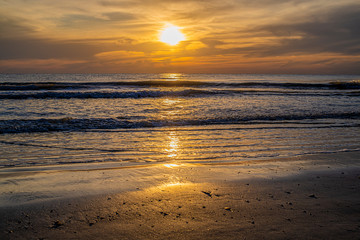 Golden Sunset Seascape Beach Waves Cloudy Sky