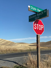 Chicken Ranch Road street and stop signs in Palouse Washington