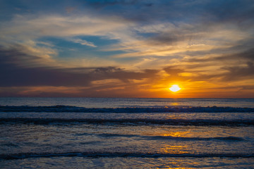 Golden Sunset Seascape Beach Waves Cloudy Sky