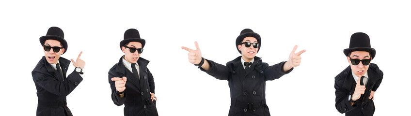 Young detective in black coat isolated on white