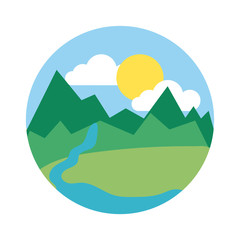 landscape scene with mountains ans river flat style icon