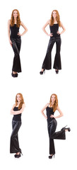 Obraz premium Redhead woman in black bell bottom pants on white