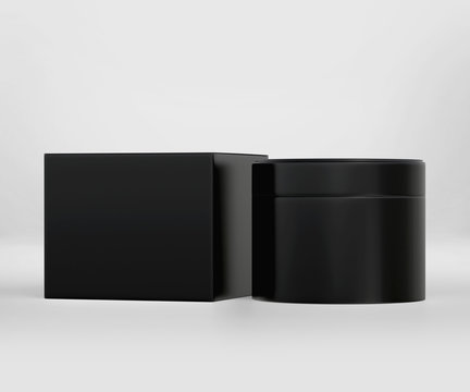 Black cosmetic jar mockup with cap, Dark Box Packaging Realistic mockup template, 3d rendering isolated on light background
