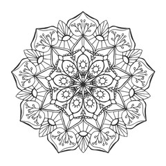 Monochrome hand drawn floral mandala. Anti-stress coloring page for adults. Hand drawn vector illustration.