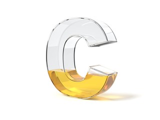 letter C shaped glass half filled with yellow liquid. 3d illustration