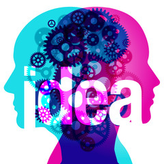 A male and female side silhouette profile overlaid with various semi-transparent Machine Gears shapes. The translucent word “Idea” is placed on top.