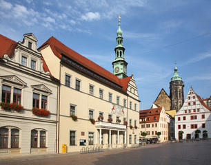 Fototapeta na wymiar Townhouse at Old Market square - Am Markt in Pirna. State of Saxony. Germany