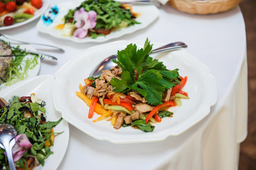 Banquet service. Catering food, snacks with meat. Different meals for breakfast or lunch time. Wedding evening