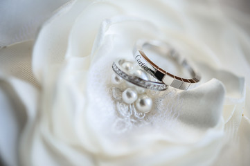 Two golden wedding rings. Close-up view of white golden wedding rings on lace, before wedding ceremony and vows