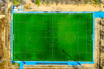 Soccer Football Field. Aerial View from above. Drone Shot