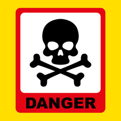 Danger sign with a black skull and crossbones. Yellow background. Death symbol, danger or poison icon flat style for web sites. Vector illustration