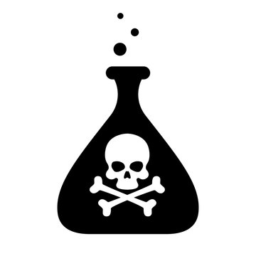 Icon of a glass bottle with poison and a skull with crossbones on a white background. Vector illustration