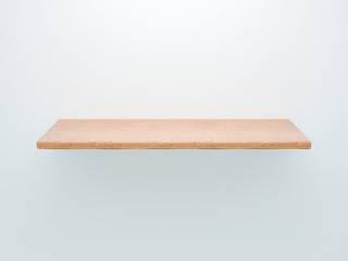 Planked wooden shelf on gray isolated background. 3D render template mockup