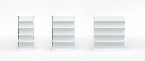 3D image set of regular empty grocery retail shelving with different width and on isolated background