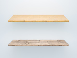 3D image set of two wooden shelf with different wood textures old rough gray and yellow planks. Design template on isolated gray background