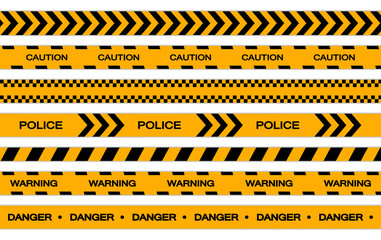 Vector set of restriction tapes, police line, crime scene investigation. Collection of danger caution stripes.