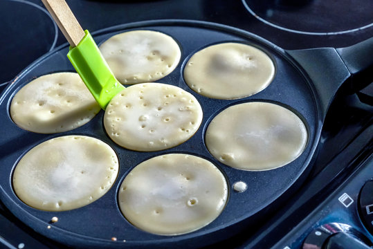 Pancake Frying Pan With Smile Face Pancake Cooking On Cooker In Kitchen